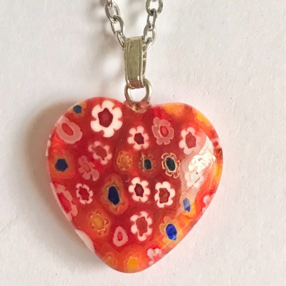 Orange Murano Glass Heart Necklace Millefiori Flowers Vintage Stainless Steel 18 - Picture 4 of 12